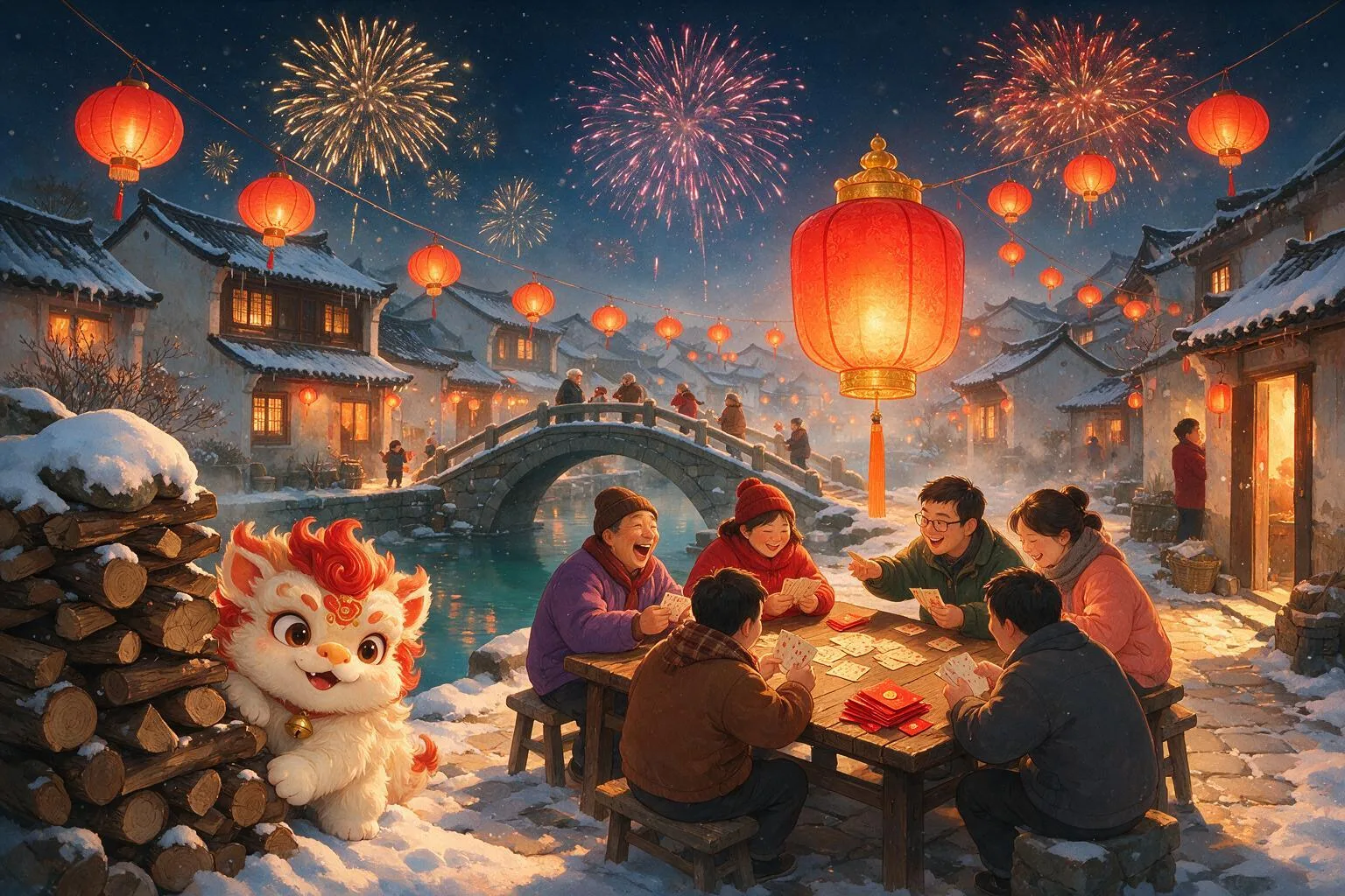 除夕夜的江南小村挂满红灯笼，一家人围坐长桌打牌，柴垛后探出一只可爱的年兽
