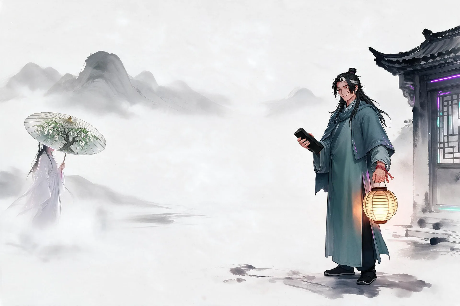 水墨远山与客栈：掌柜王安之提着灯笼站在门口；另一侧雾里，南柯静撑伞半隐。