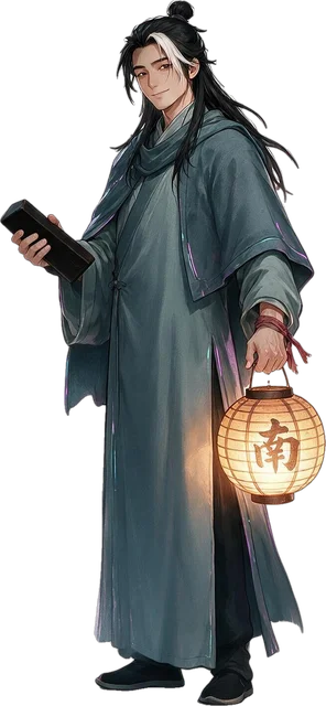 王安之：长衫短氅、右鬓一缕白发，一手醒木一手雾灯。